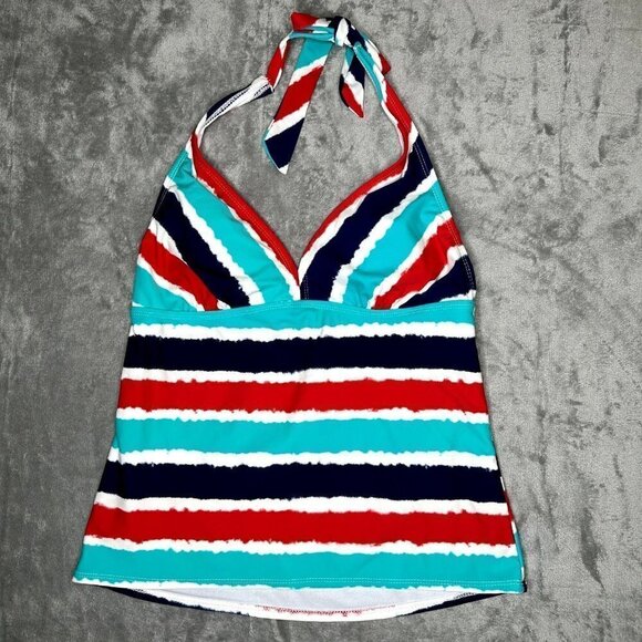 CATALINA Red White Blue Aqua Striped Tankini Swimsuit Halter Top MEDIUM - Picture 1 of 5